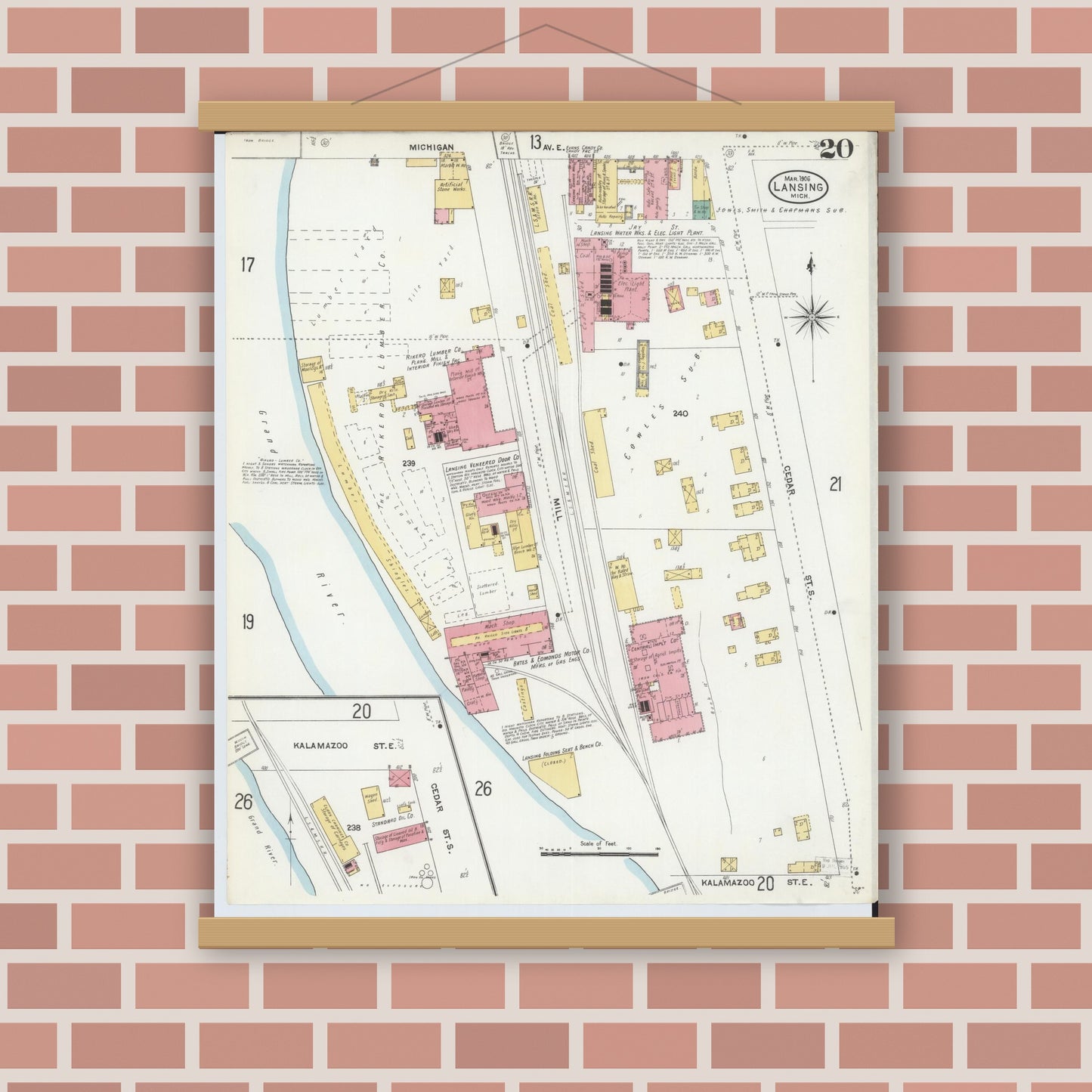 Old map wall art mockup — magnetic wood frame on brick wall — Sanborn Fire Insurance Map from Lansing, Ingham County, Michigan (1906), Sheet #0020