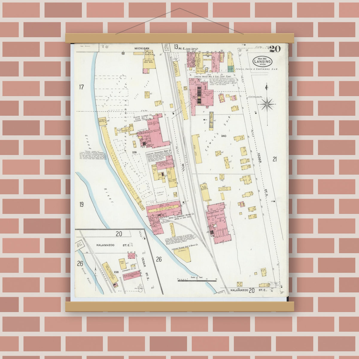Old map wall art mockup — magnetic wood frame on brick wall — Sanborn Fire Insurance Map from Lansing, Ingham County, Michigan (1906), Sheet #0020