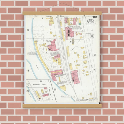 Old map wall art mockup — magnetic wood frame on brick wall — Sanborn Fire Insurance Map from Lansing, Ingham County, Michigan (1906), Sheet #0020