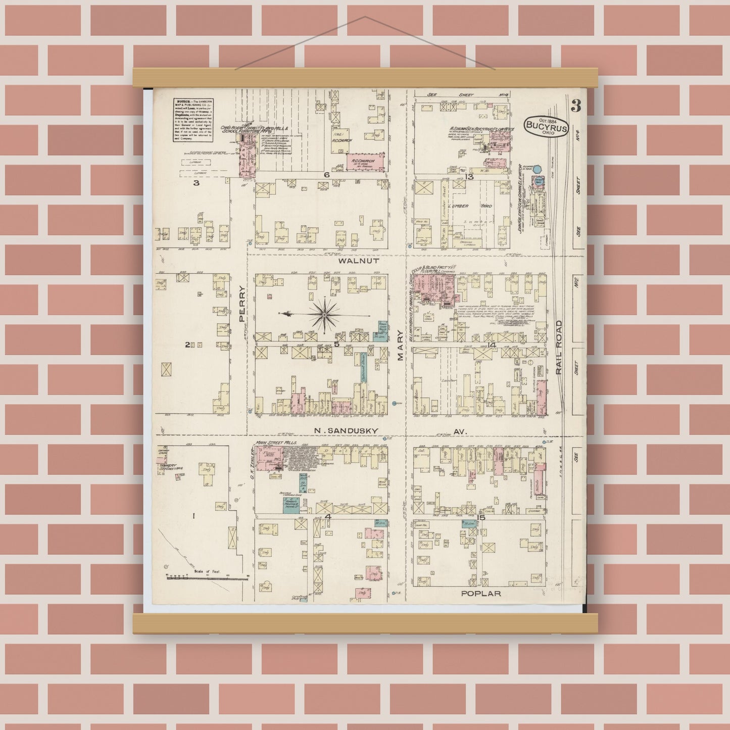 Old map wall art mockup — magnetic wood frame on brick wall — Sanborn Fire Insurance Map from Bucyrus, Crawford County, Ohio (1884), Sheet #0003