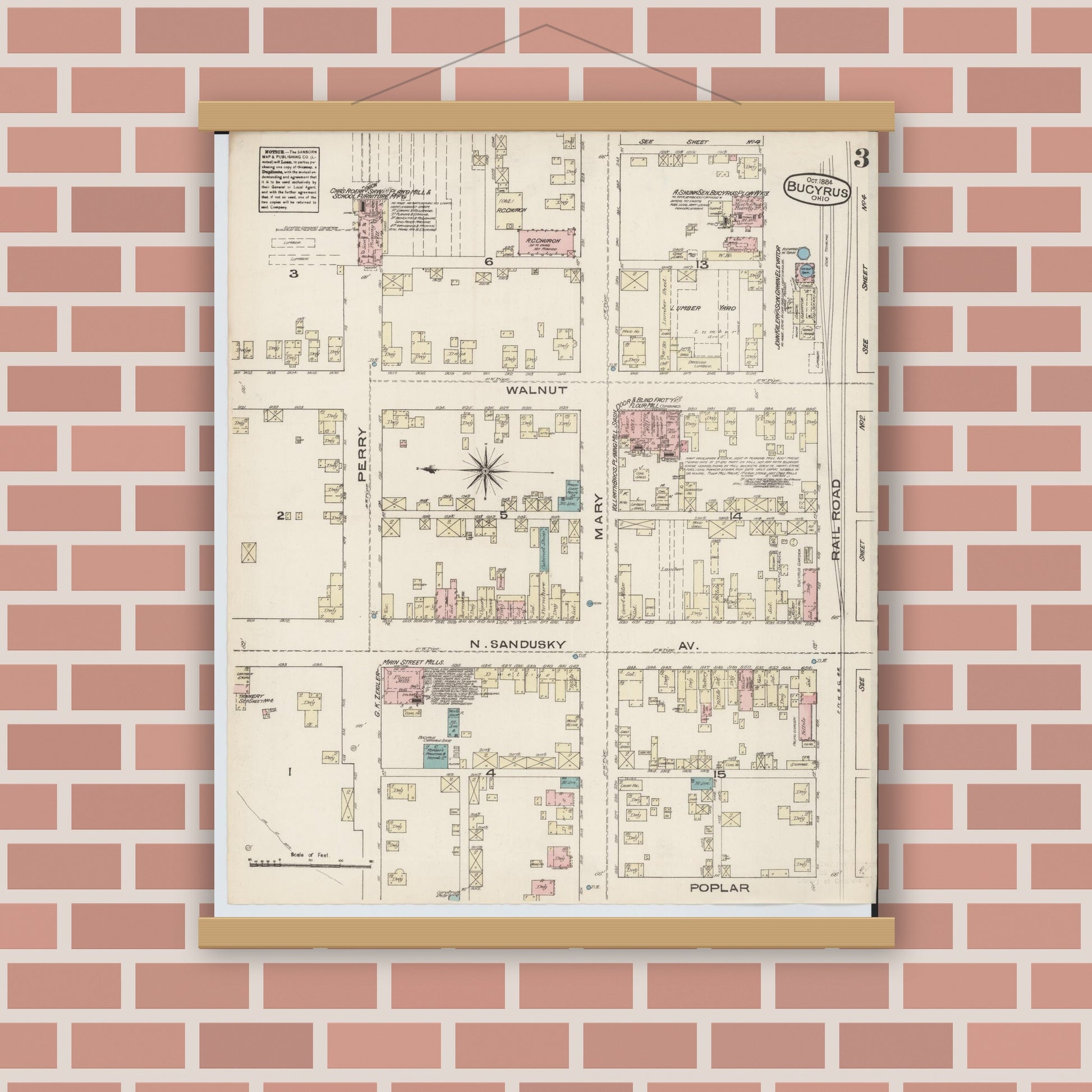 Old map wall art mockup — magnetic wood frame on brick wall — Sanborn Fire Insurance Map from Bucyrus, Crawford County, Ohio (1884), Sheet #0003
