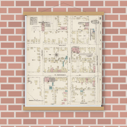 Old map wall art mockup — magnetic wood frame on brick wall — Sanborn Fire Insurance Map from Bucyrus, Crawford County, Ohio (1884), Sheet #0003