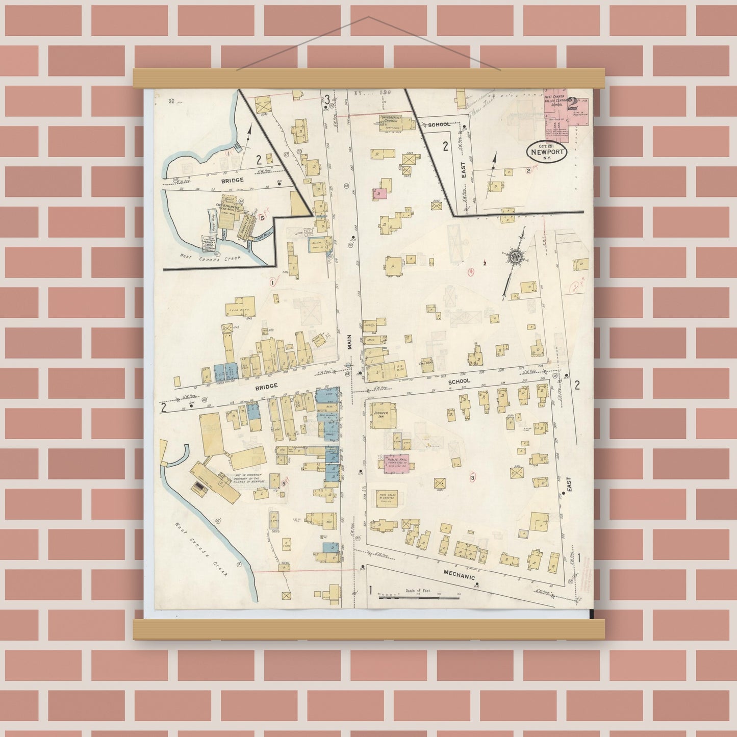 Old map wall art mockup — magnetic wood frame on brick wall — Sanborn Fire Insurance Map from Newport, Herkimer County, New York (1938), Sheet #0002