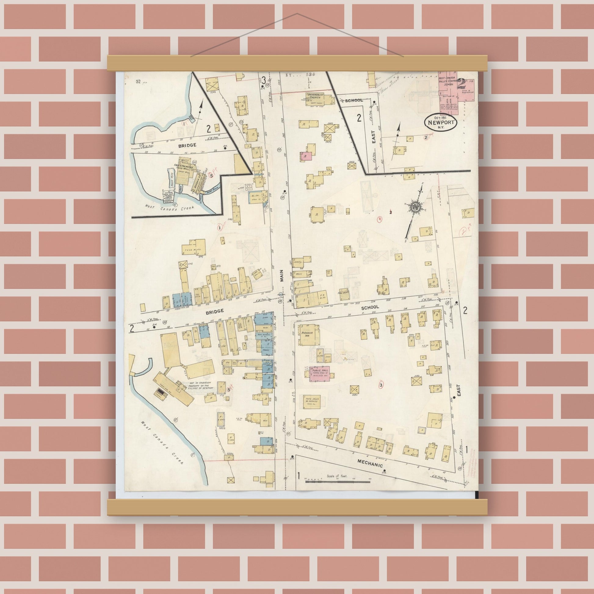 Old map wall art mockup — magnetic wood frame on brick wall — Sanborn Fire Insurance Map from Newport, Herkimer County, New York (1938), Sheet #0002