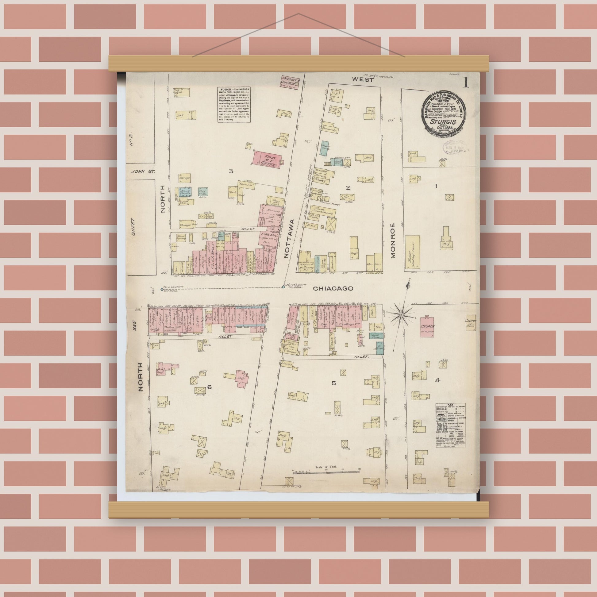 Old map wall art mockup — magnetic wood frame on brick wall — Sanborn Fire Insurance Map from Sturgis, Saint Joseph County, Michigan (1884) - Complete Map Set