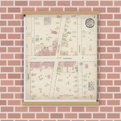 Old map wall art mockup — magnetic wood frame on brick wall — Sanborn Fire Insurance Map from Sturgis, Saint Joseph County, Michigan (1884) - Complete Map Set