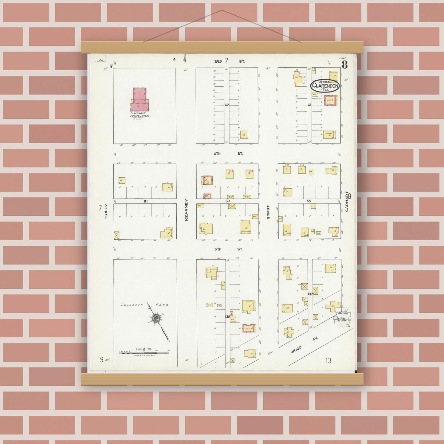 Old map wall art mockup — magnetic wood frame on brick wall — Sanborn Fire Insurance Map from Clarendon, Donley County, Texas (1921), Sheet #0008