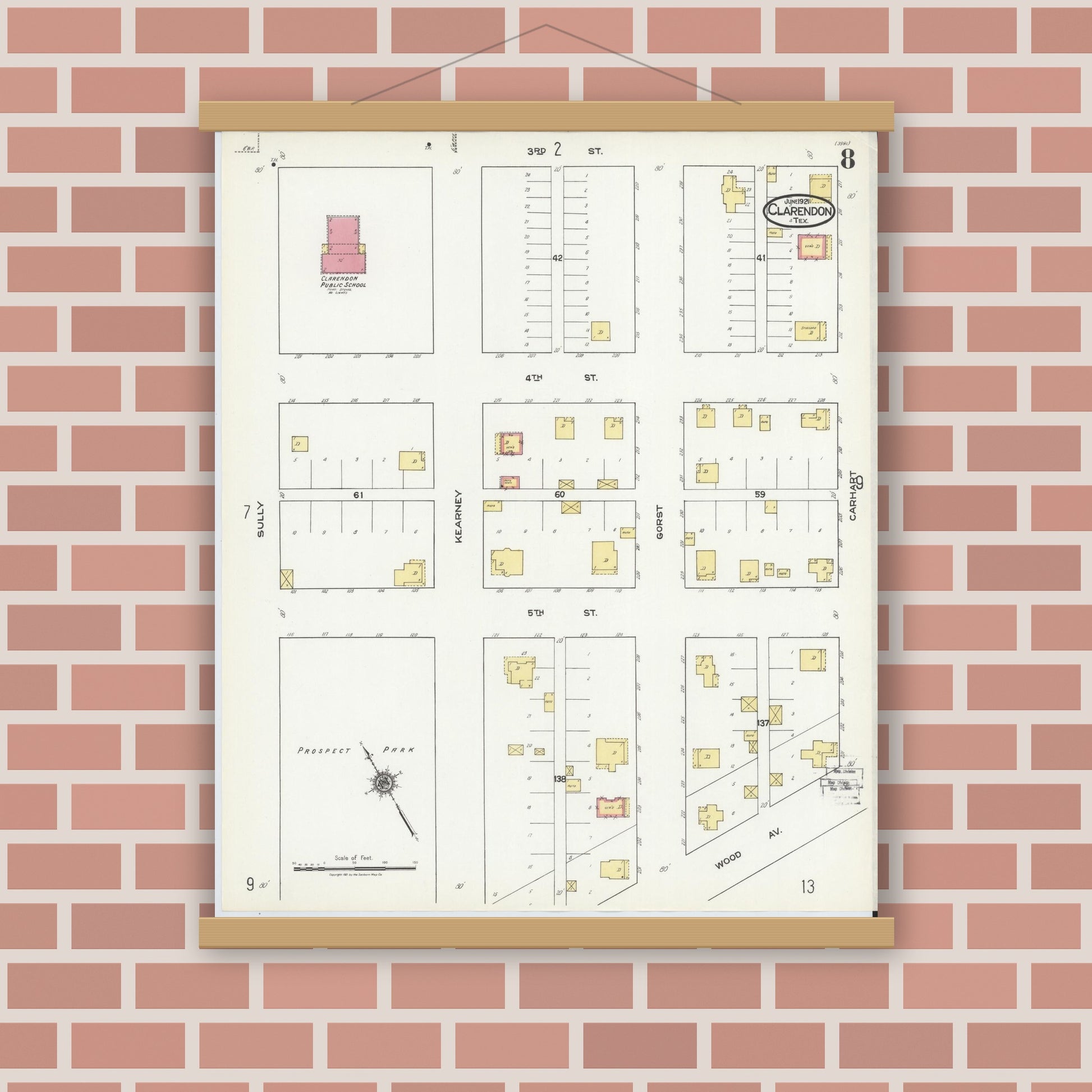 Old map wall art mockup — magnetic wood frame on brick wall — Sanborn Fire Insurance Map from Clarendon, Donley County, Texas (1921), Sheet #0008