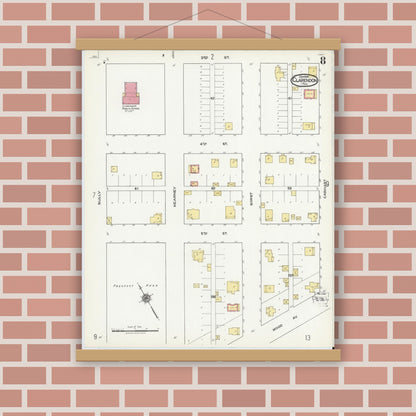 Old map wall art mockup — magnetic wood frame on brick wall — Sanborn Fire Insurance Map from Clarendon, Donley County, Texas (1921), Sheet #0008