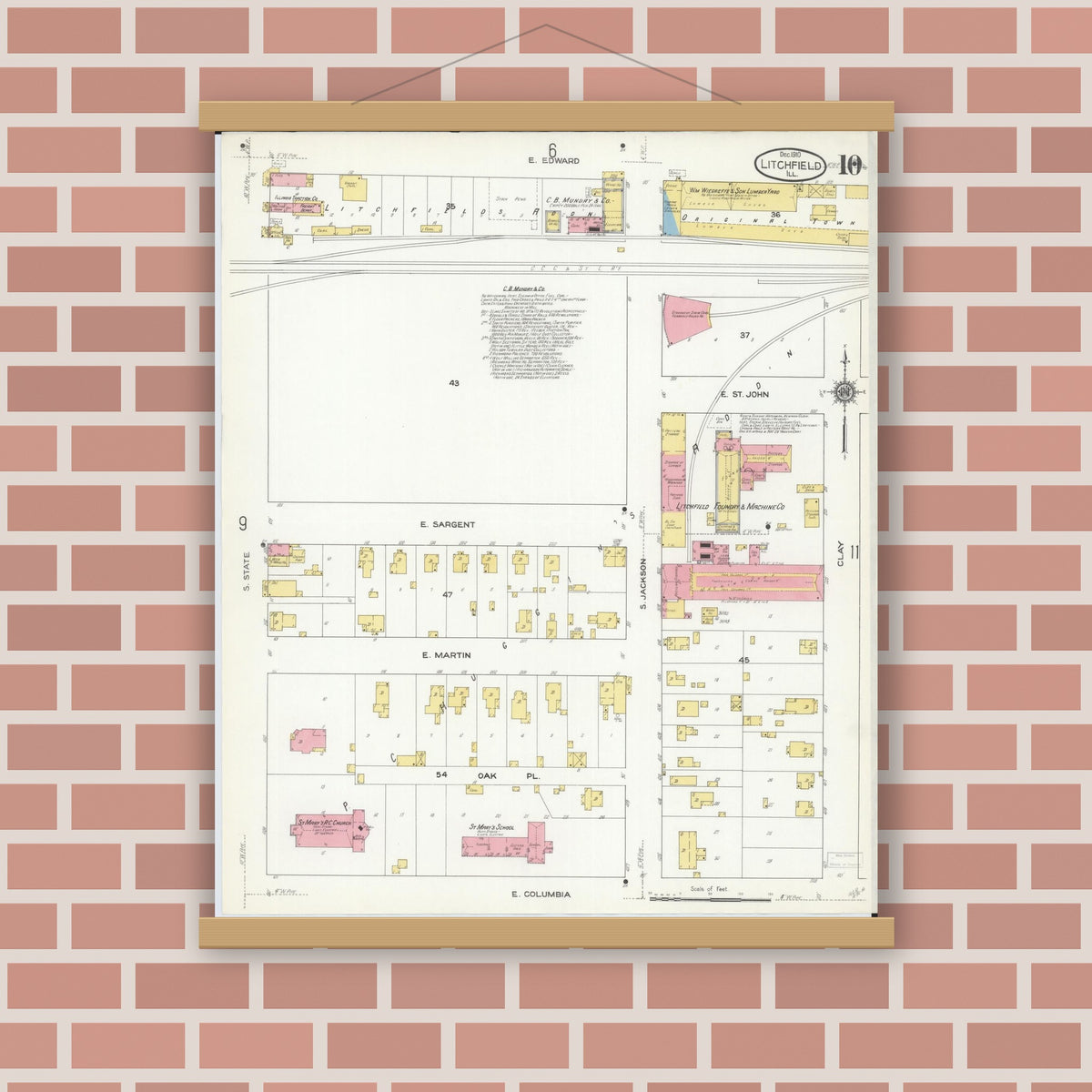 Old map wall art mockup — magnetic wood frame on brick wall — Sanborn Fire Insurance Map from Litchfield, Montgomery County, Illinois (1910), Sheet #0010