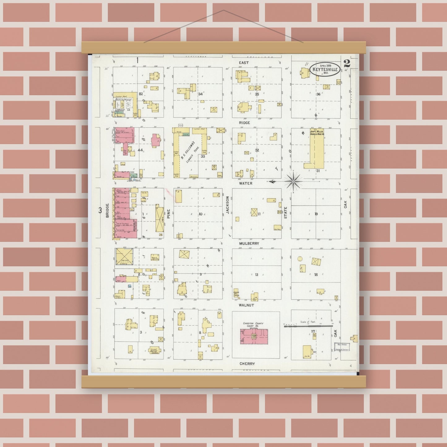Old map wall art mockup — magnetic wood frame on brick wall — Sanborn Fire Insurance Map from Keytesville, Chariton County, Missouri (1899), Sheet #0002