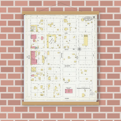 Old map wall art mockup — magnetic wood frame on brick wall — Sanborn Fire Insurance Map from Keytesville, Chariton County, Missouri (1899), Sheet #0002