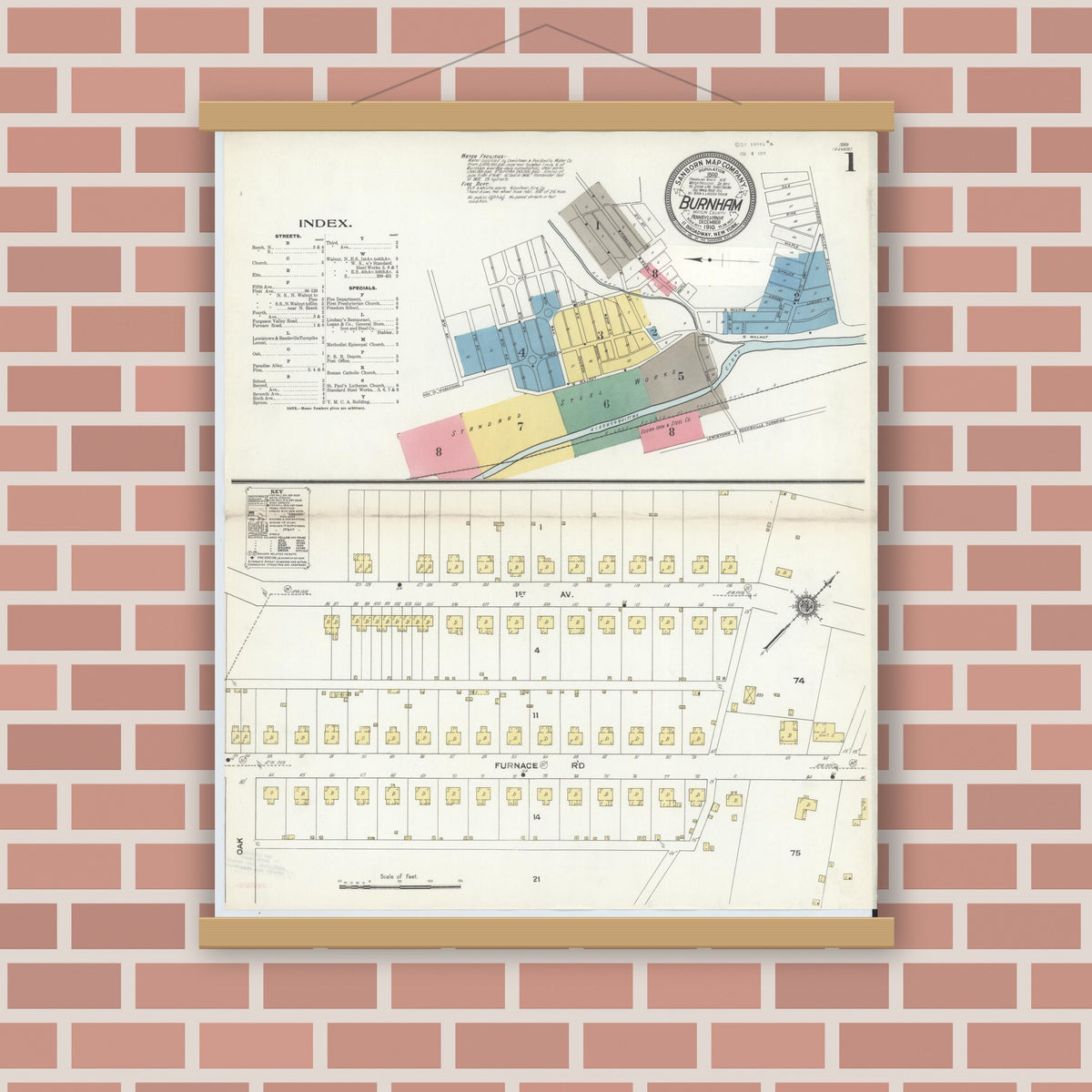 Old map wall art mockup — magnetic wood frame on brick wall — Sanborn Fire Insurance Map from Burnham, Mifflin County, Pennsylvania (1910), Sheet #0001