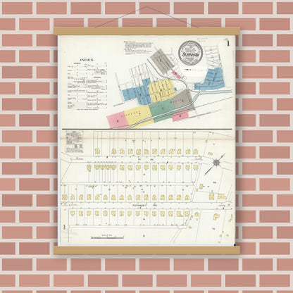 Old map wall art mockup — magnetic wood frame on brick wall — Sanborn Fire Insurance Map from Burnham, Mifflin County, Pennsylvania (1910), Sheet #0001