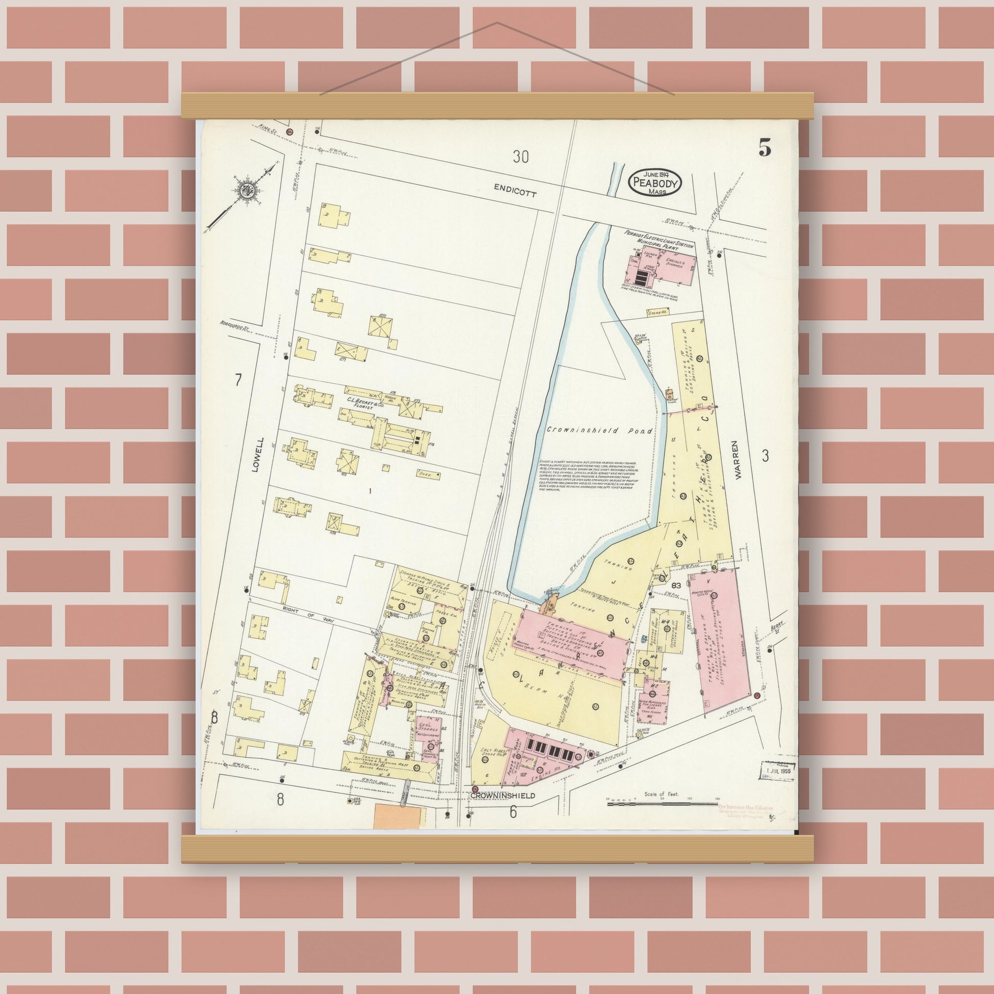 Old map wall art mockup — magnetic wood frame on brick wall — Sanborn Fire Insurance Map from Peabody, Essex County, Massachusetts (1914), Sheet #0005