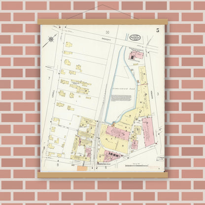 Old map wall art mockup — magnetic wood frame on brick wall — Sanborn Fire Insurance Map from Peabody, Essex County, Massachusetts (1914), Sheet #0005