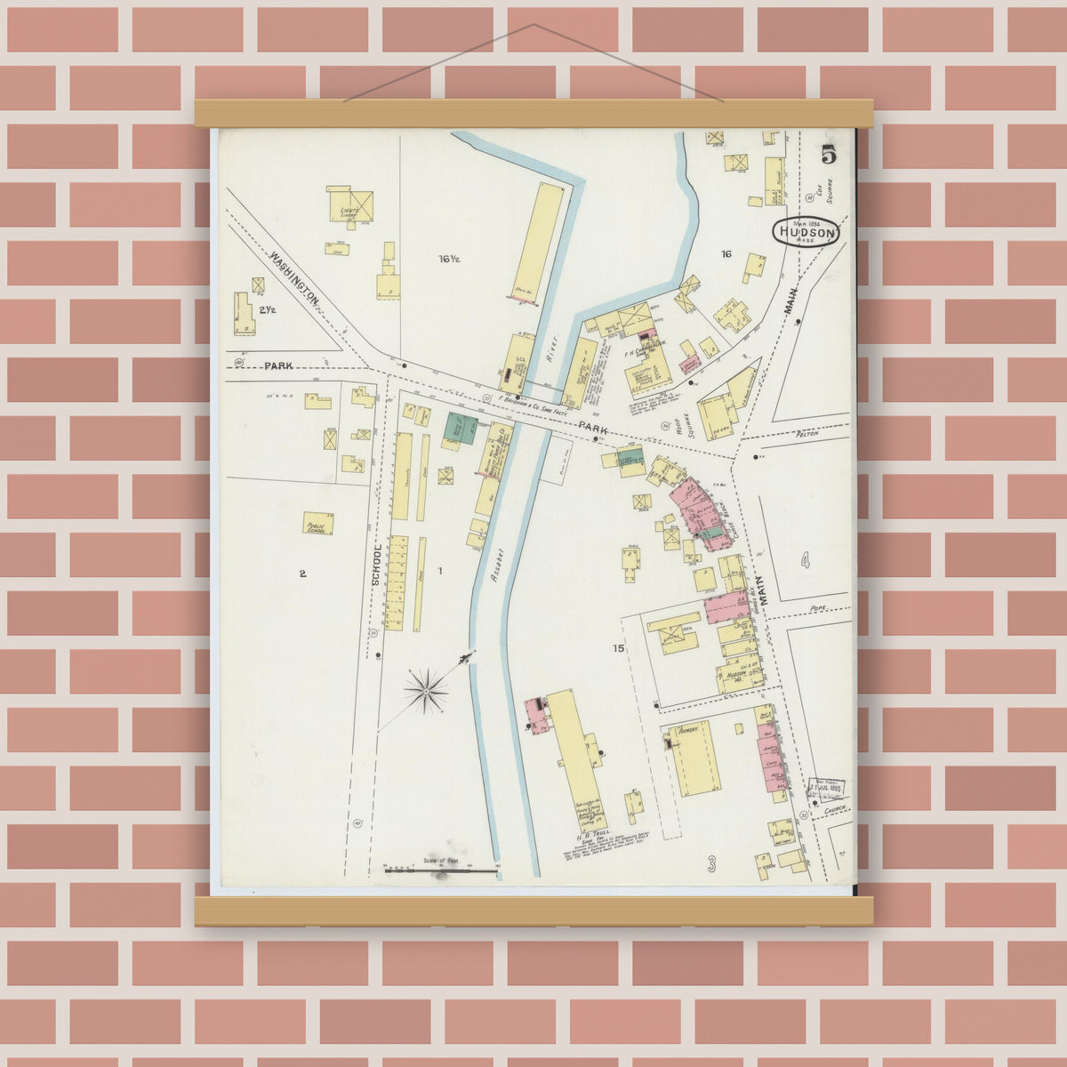 Old map wall art mockup — magnetic wood frame on brick wall — Sanborn Fire Insurance Map from Hudson, Middlesex County, Massachusetts (1894), Sheet #0005