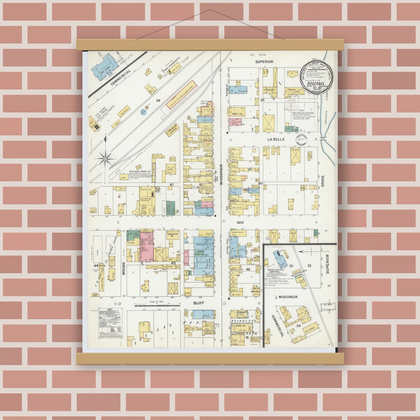 Old map wall art mockup — magnetic wood frame on brick wall — Sanborn Fire Insurance Map from Boscobel, Grant County, Wisconsin (1899), Sheet #0001