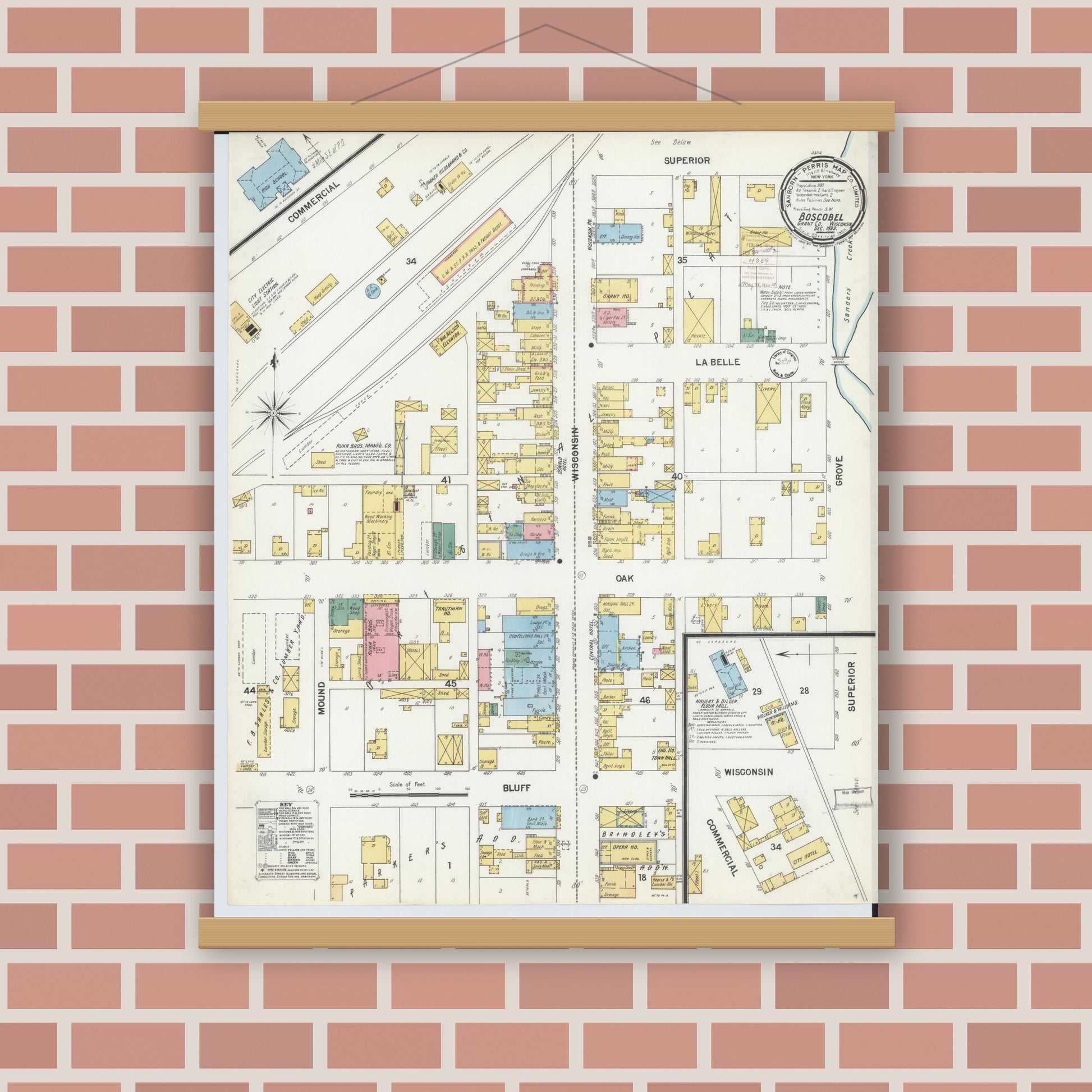 Old map wall art mockup — magnetic wood frame on brick wall — Sanborn Fire Insurance Map from Boscobel, Grant County, Wisconsin (1899), Sheet #0001