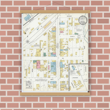 Old map wall art mockup — magnetic wood frame on brick wall — Sanborn Fire Insurance Map from Boscobel, Grant County, Wisconsin (1899), Sheet #0001