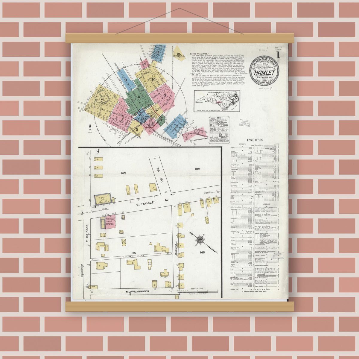 Old map wall art mockup — magnetic wood frame on brick wall — Sanborn Fire Insurance Map from Hamlet, Richmond County, North Carolina (1920), Sheet #0001