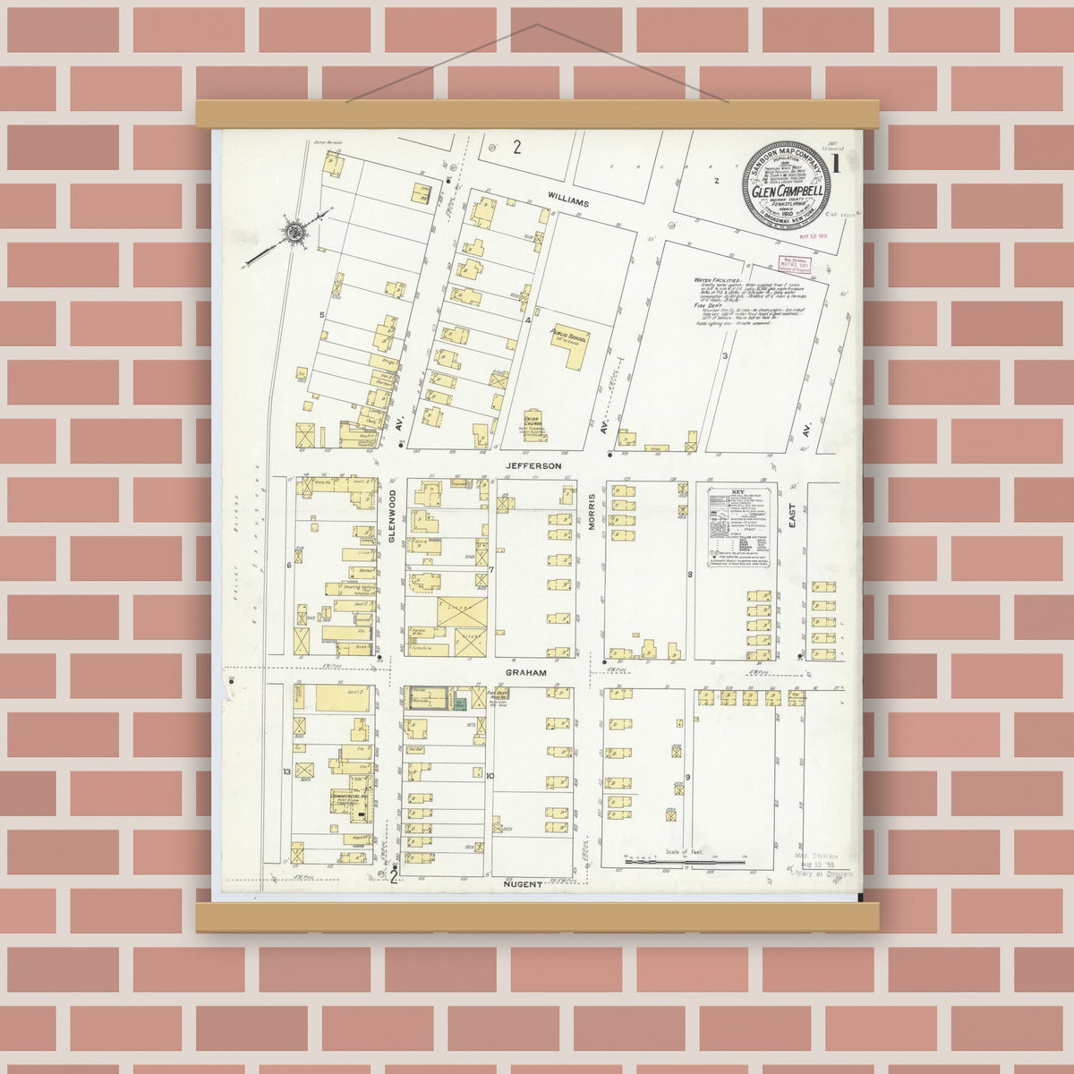 Old map wall art mockup — magnetic wood frame on brick wall — Sanborn Fire Insurance Map from Glen Campbell, Indiana County, Pennsylvania (1910), Sheet #0001