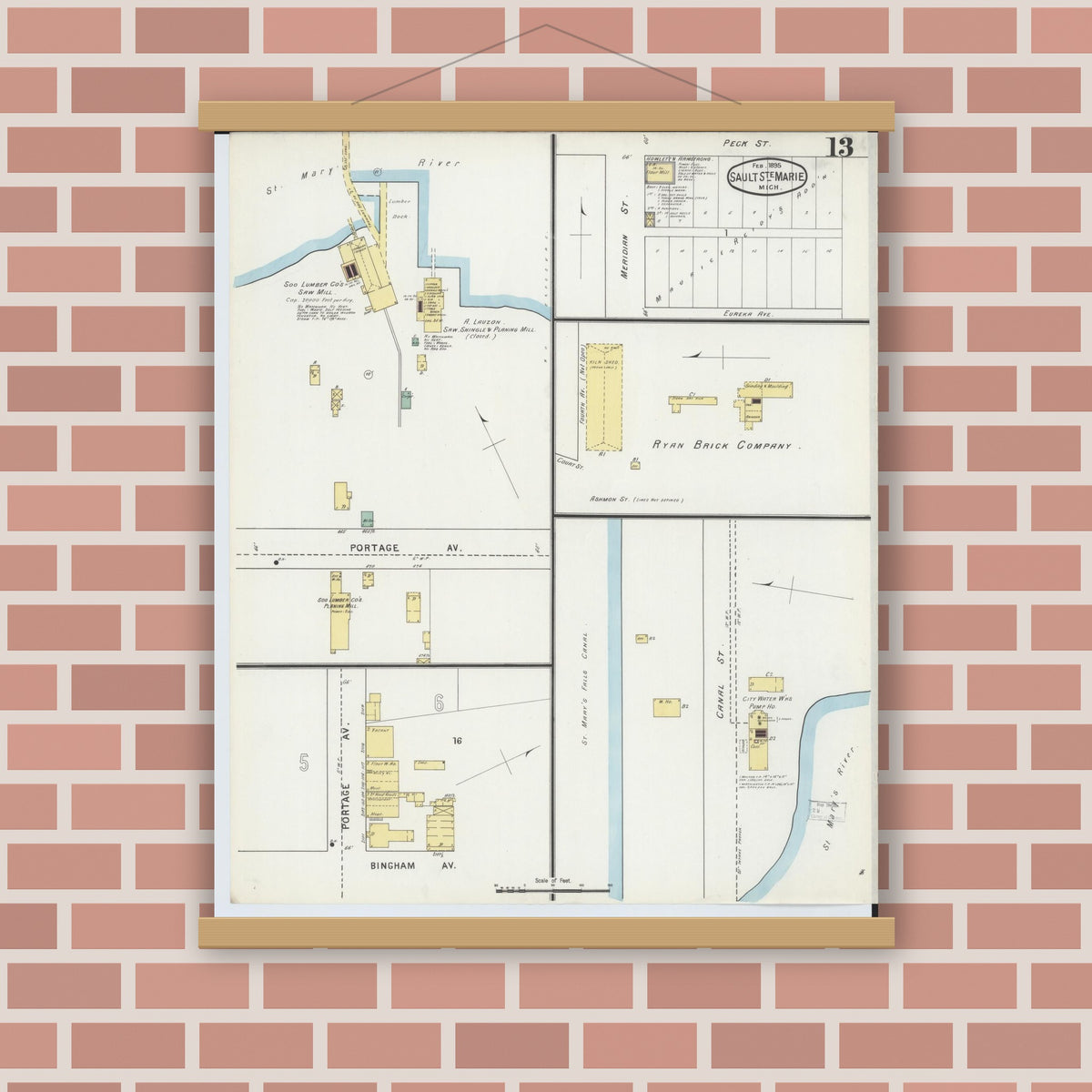 Old map wall art mockup — magnetic wood frame on brick wall — Sanborn Fire Insurance Map from Sault Sainte Marie, Chippewa County, Michigan (1895), Sheet #0013