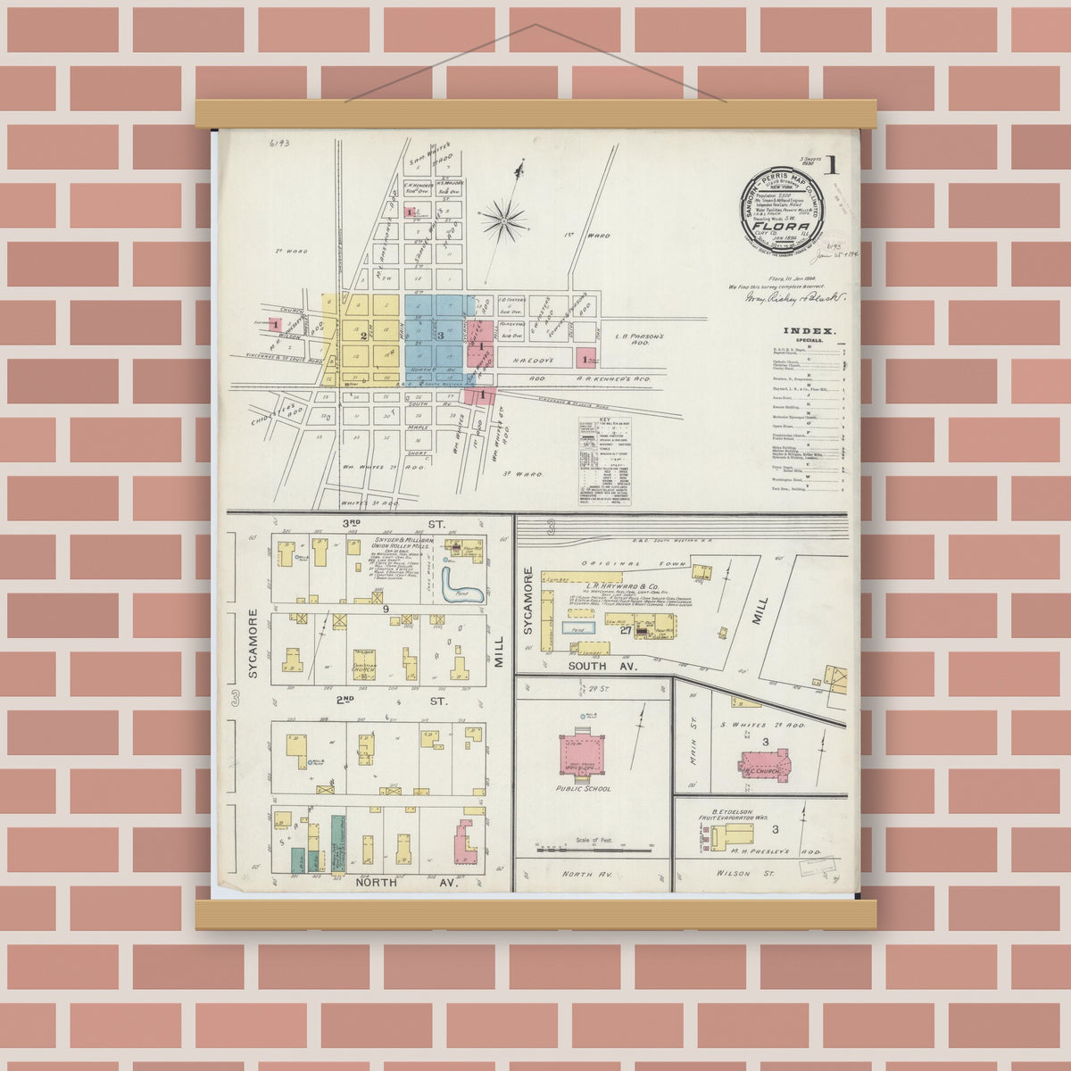 Old map wall art mockup — magnetic wood frame on brick wall — Sanborn Fire Insurance Map from Flora, Clay County, Illinois (1894) - Complete Map Set
