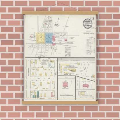 Old map wall art mockup — magnetic wood frame on brick wall — Sanborn Fire Insurance Map from Flora, Clay County, Illinois (1894) - Complete Map Set