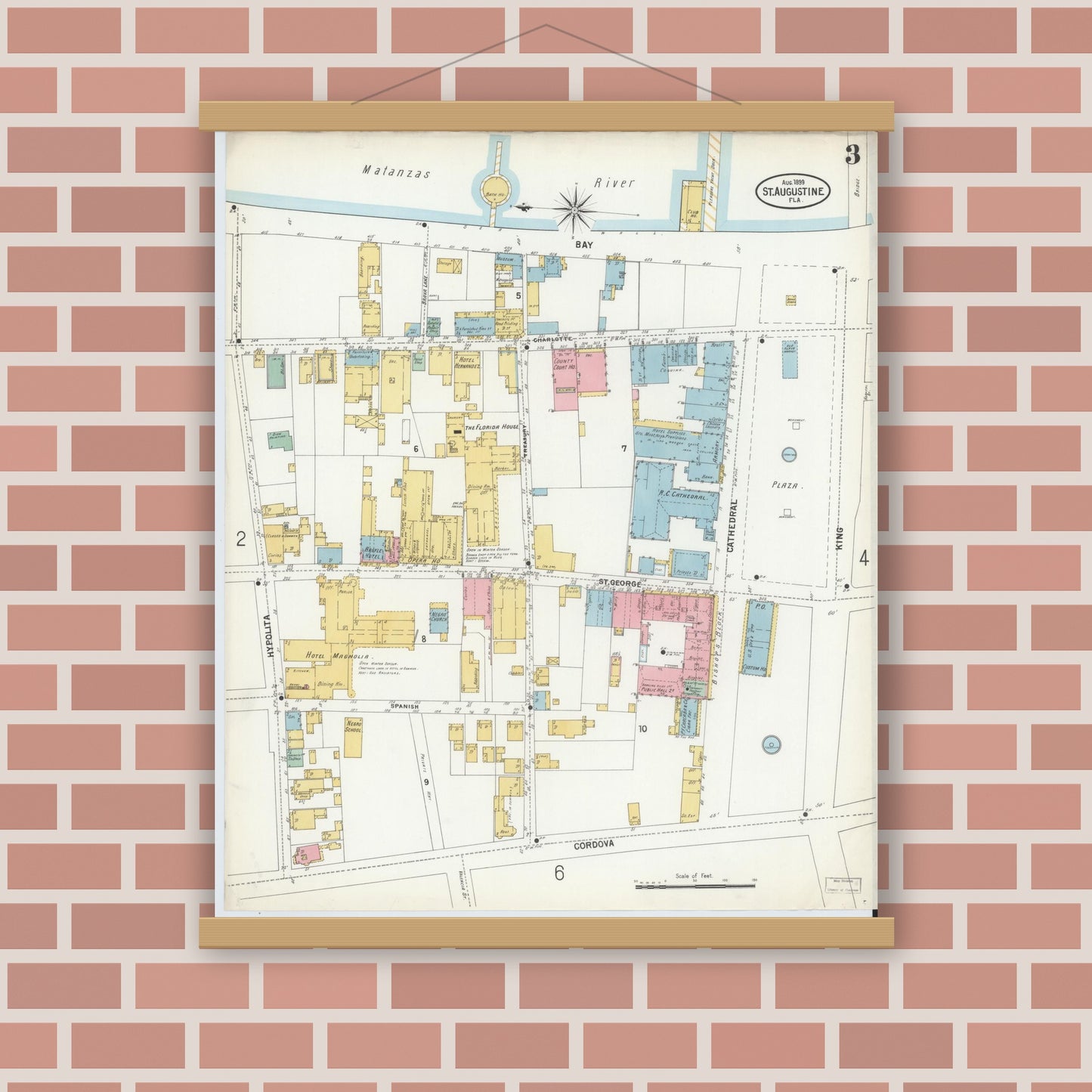 Old map wall art mockup — magnetic wood frame on brick wall — Sanborn Fire Insurance Map from Saint Augustine, Saint John's County, Florida (1899), Sheet #0003