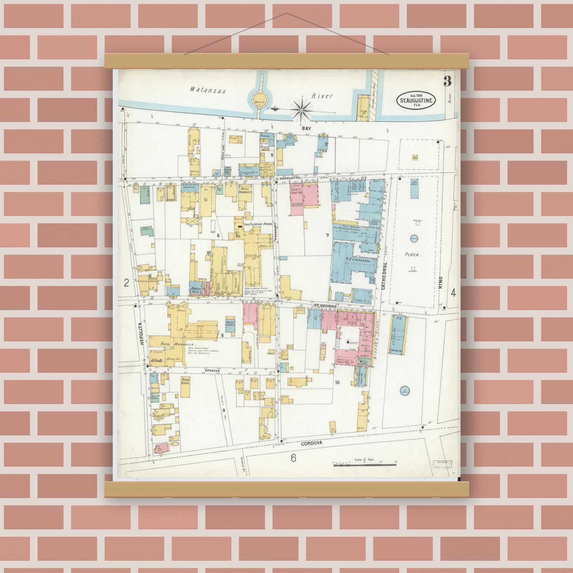 Old map wall art mockup — magnetic wood frame on brick wall — Sanborn Fire Insurance Map from Saint Augustine, Saint John's County, Florida (1899), Sheet #0003