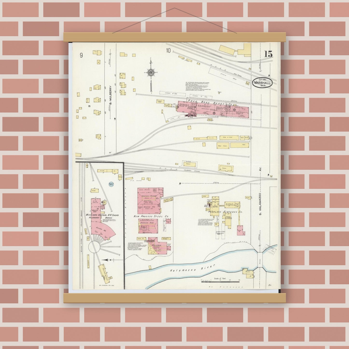 Old map wall art mockup — magnetic wood frame on brick wall — Sanborn Fire Insurance Map from Marshall, Calhoun County, Michigan (1911), Sheet #0015