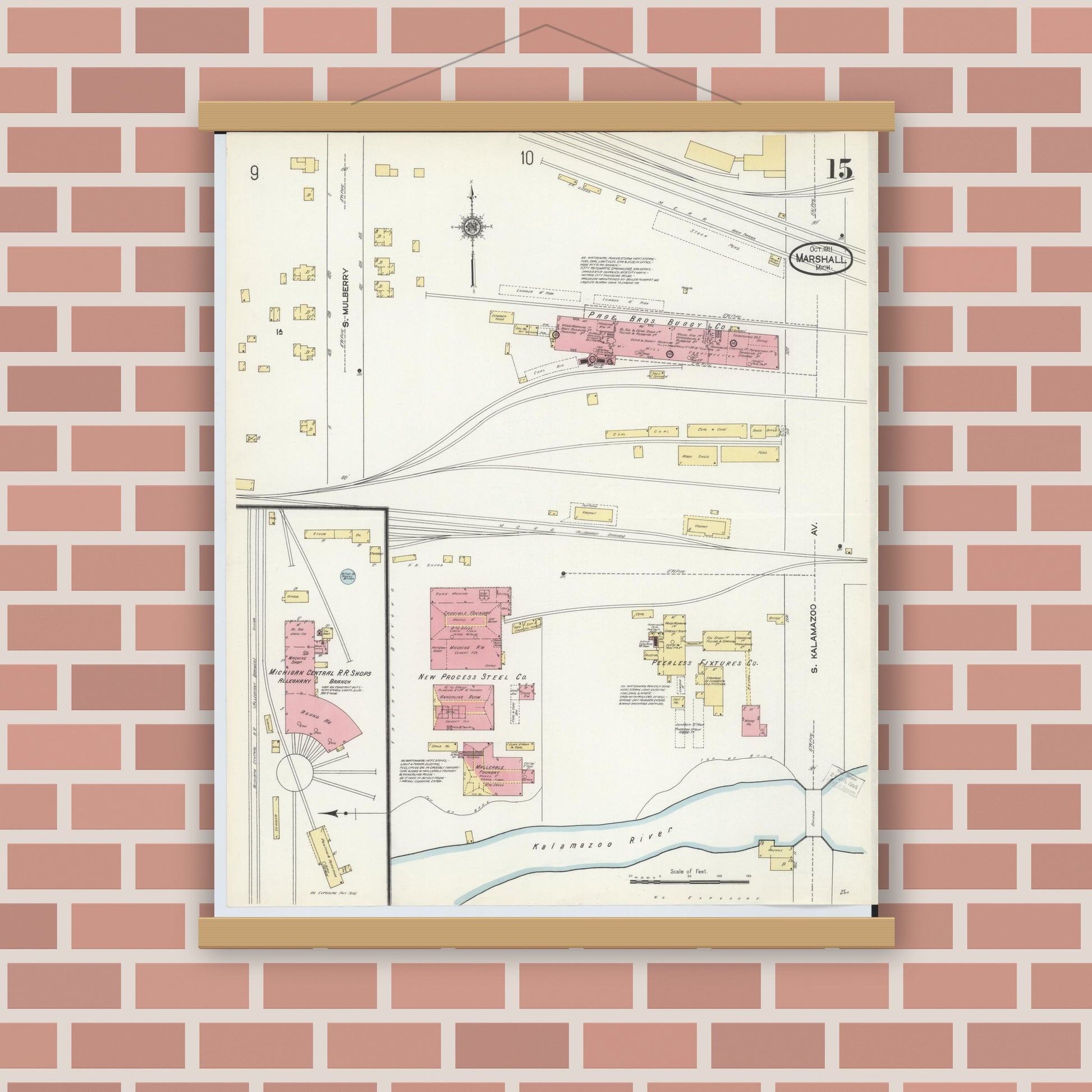 Old map wall art mockup — magnetic wood frame on brick wall — Sanborn Fire Insurance Map from Marshall, Calhoun County, Michigan (1911), Sheet #0015