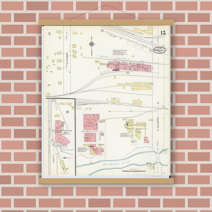 Old map wall art mockup — magnetic wood frame on brick wall — Sanborn Fire Insurance Map from Marshall, Calhoun County, Michigan (1911), Sheet #0015
