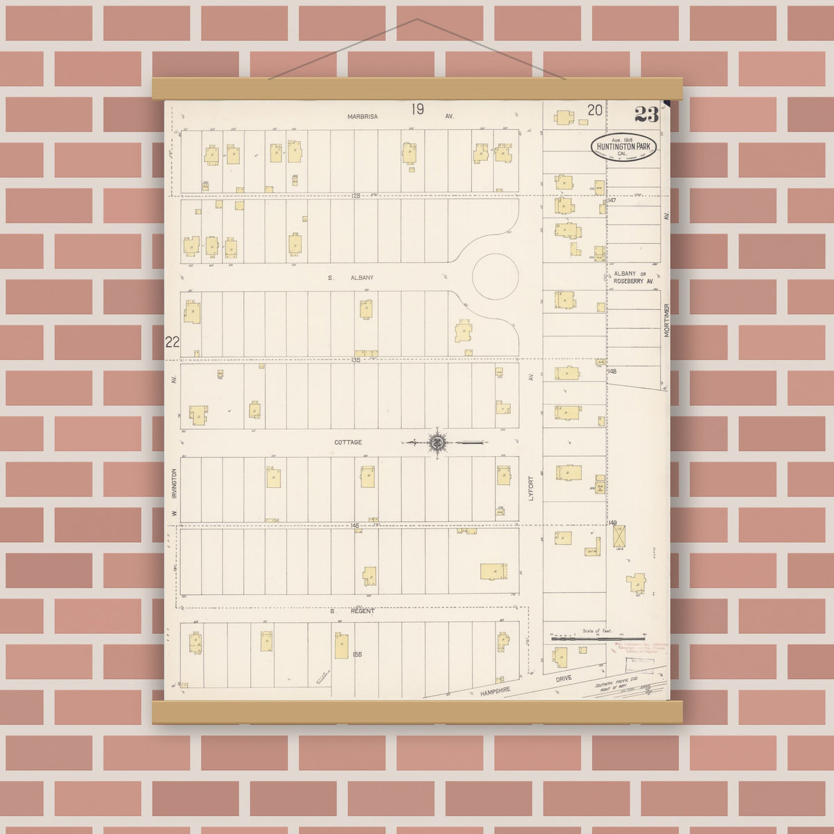 Old map wall art mockup — magnetic wood frame on brick wall — Sanborn Fire Insurance Map from Huntington Park, Los Angeles County, California (1916), Sheet #0023