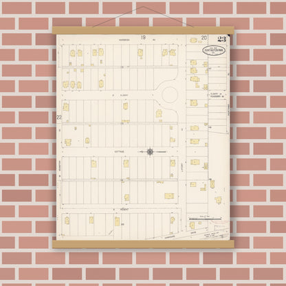 Old map wall art mockup — magnetic wood frame on brick wall — Sanborn Fire Insurance Map from Huntington Park, Los Angeles County, California (1916), Sheet #0023