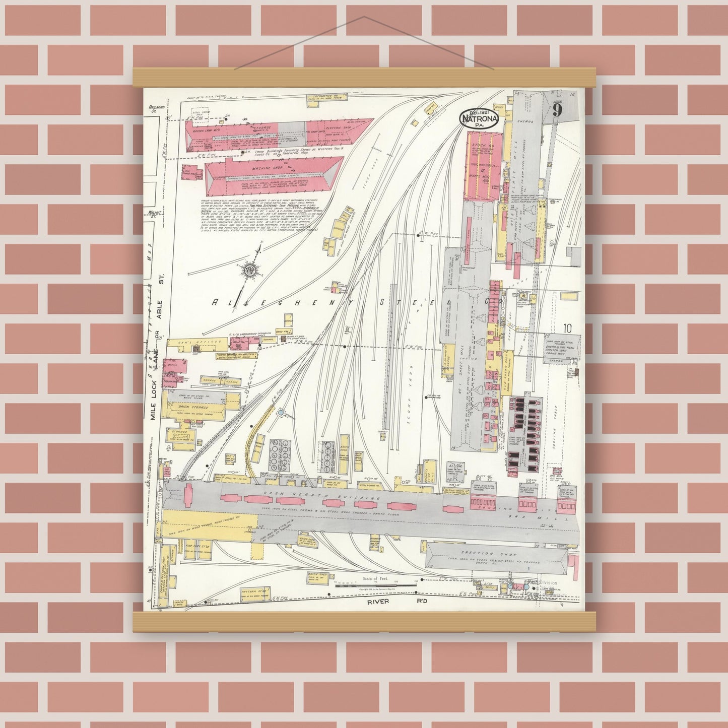 Old map wall art mockup — magnetic wood frame on brick wall — Sanborn Fire Insurance Map from Natrona, Allegheny County, Pennsylvania (1921), Sheet #0009