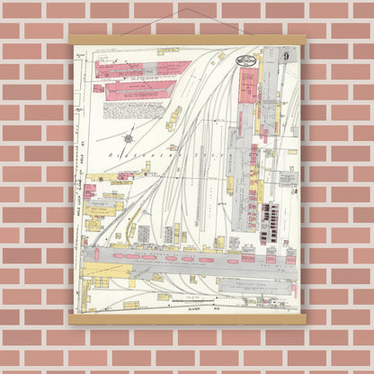 Old map wall art mockup — magnetic wood frame on brick wall — Sanborn Fire Insurance Map from Natrona, Allegheny County, Pennsylvania (1921), Sheet #0009
