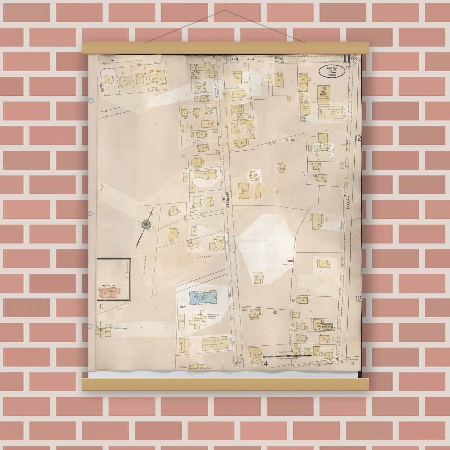 Old map wall art mockup — magnetic wood frame on brick wall — Sanborn Fire Insurance Map from Hilo, Hawaii County, Hawaii (1957), Sheet #0011