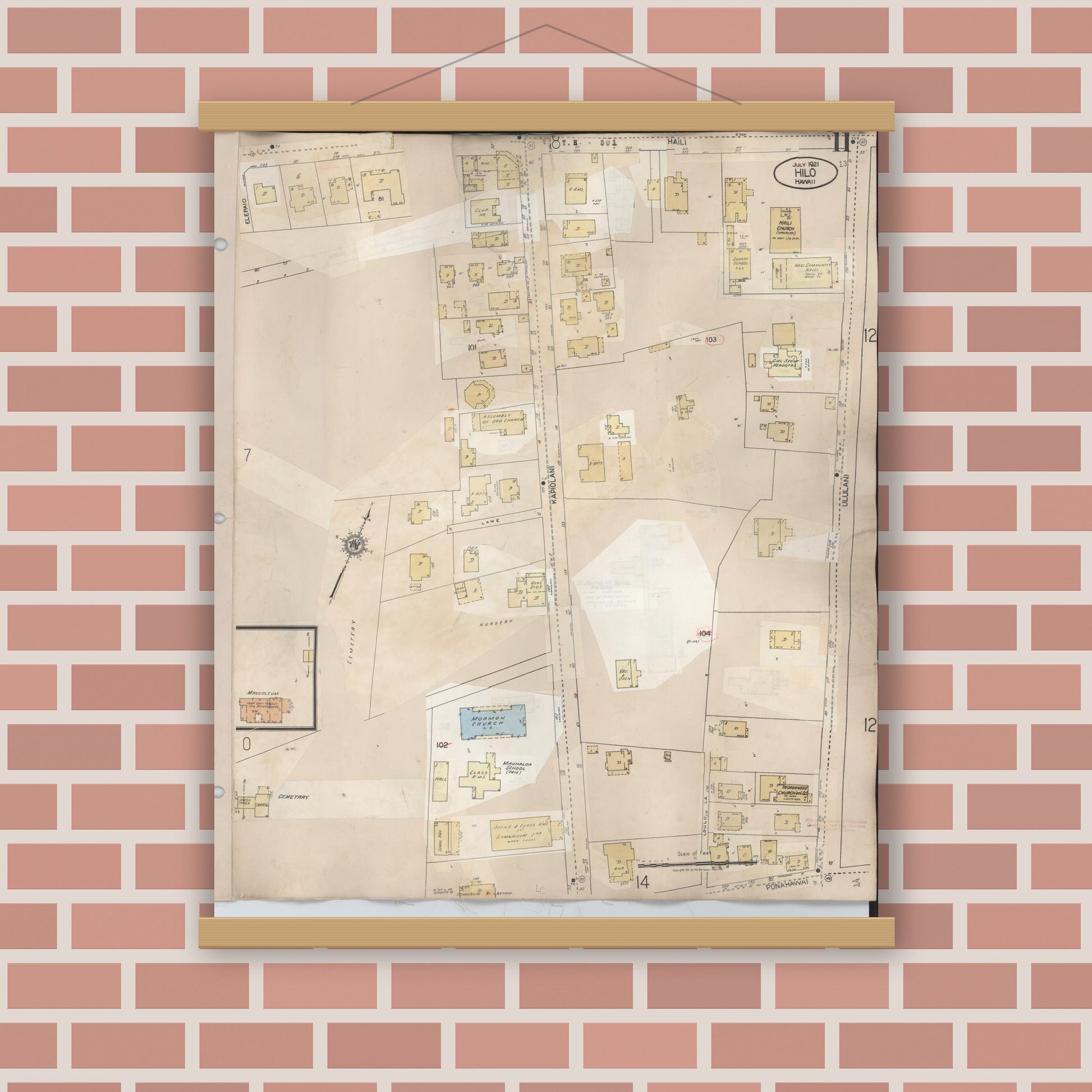 Old map wall art mockup — magnetic wood frame on brick wall — Sanborn Fire Insurance Map from Hilo, Hawaii County, Hawaii (1957), Sheet #0011