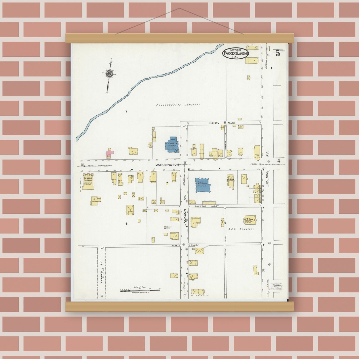 Old map wall art mockup — magnetic wood frame on brick wall — Sanborn Fire Insurance Map from Parkers Landing, Armstrong County, Pennsylvania (1919), Sheet #0005