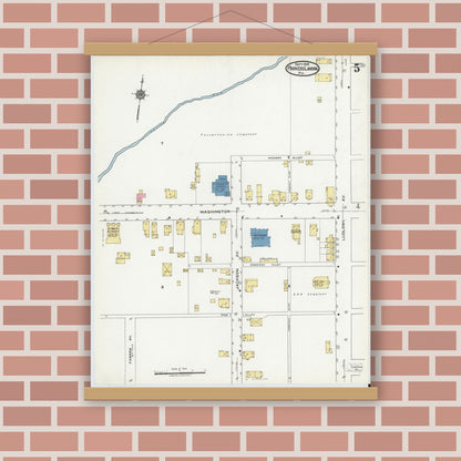 Old map wall art mockup — magnetic wood frame on brick wall — Sanborn Fire Insurance Map from Parkers Landing, Armstrong County, Pennsylvania (1919), Sheet #0005