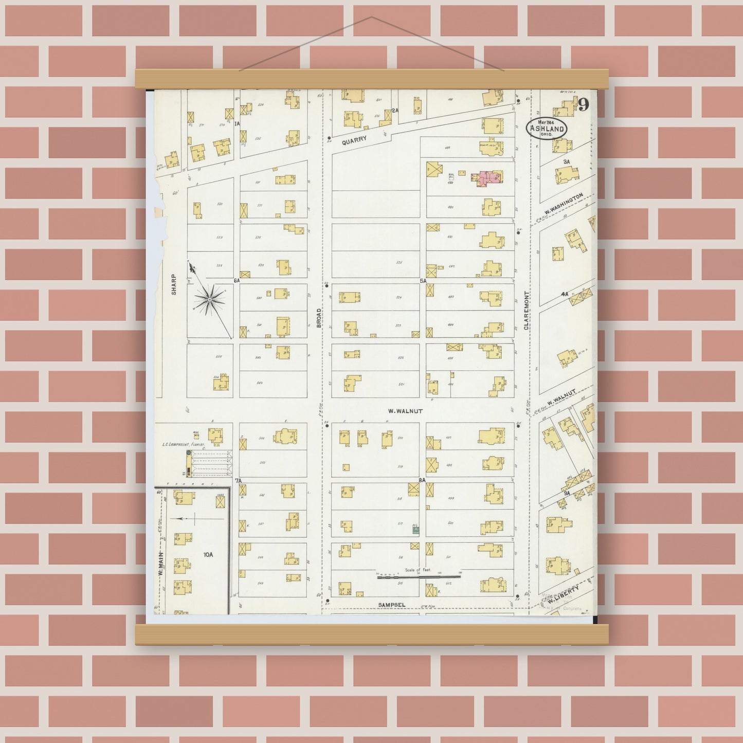 Old map wall art mockup — magnetic wood frame on brick wall — Sanborn Fire Insurance Map from Ashland, Ashland County, Ohio (1904), Sheet #0009