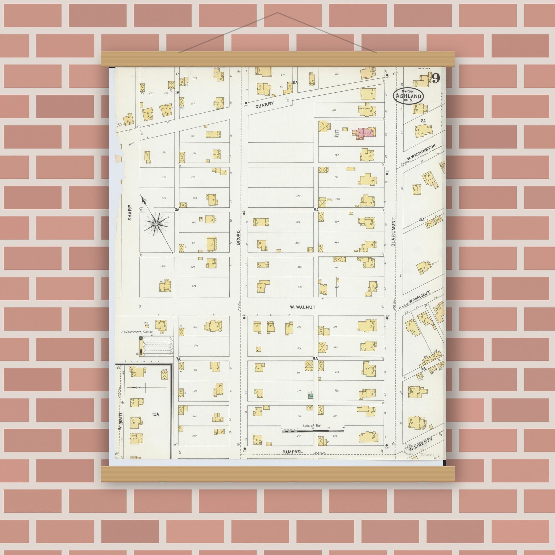 Old map wall art mockup — magnetic wood frame on brick wall — Sanborn Fire Insurance Map from Ashland, Ashland County, Ohio (1904), Sheet #0009
