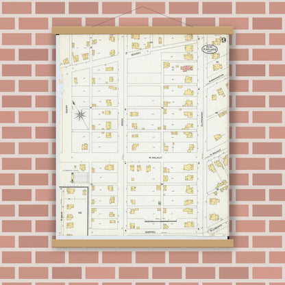 Old map wall art mockup — magnetic wood frame on brick wall — Sanborn Fire Insurance Map from Ashland, Ashland County, Ohio (1904), Sheet #0009