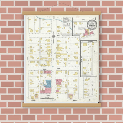 Old map wall art mockup — magnetic wood frame on brick wall — Sanborn Fire Insurance Map from Mendon, Mercer County, Ohio (1911) - Complete Map Set