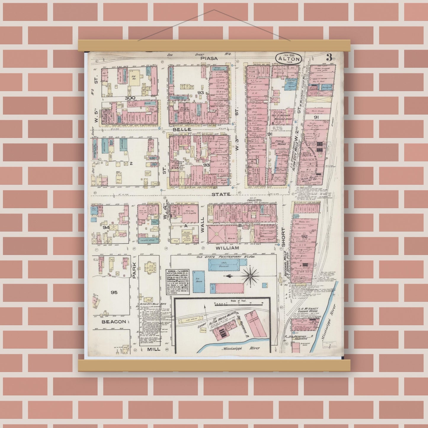 Old map wall art mockup — magnetic wood frame on brick wall — Sanborn Fire Insurance Map from Alton, Madison County, Illinois (1885), Sheet #0003