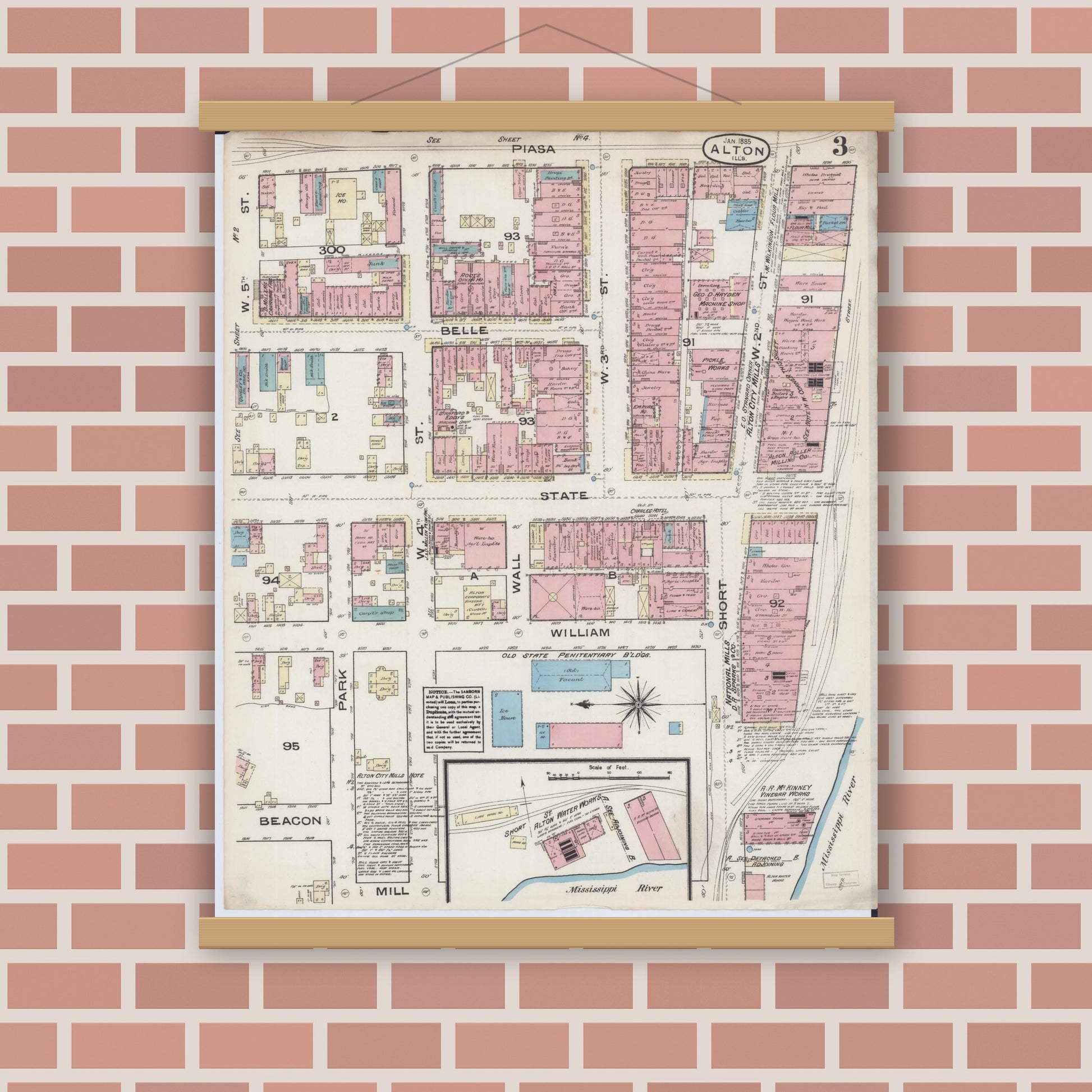 Old map wall art mockup — magnetic wood frame on brick wall — Sanborn Fire Insurance Map from Alton, Madison County, Illinois (1885), Sheet #0003