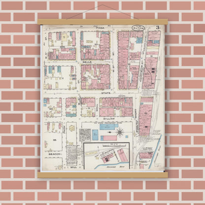 Old map wall art mockup — magnetic wood frame on brick wall — Sanborn Fire Insurance Map from Alton, Madison County, Illinois (1885), Sheet #0003