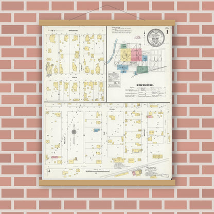 Old map wall art mockup — magnetic wood frame on brick wall — Sanborn Fire Insurance Map from Hope, Bartholomew County, Indiana (1910) - Complete Map Set